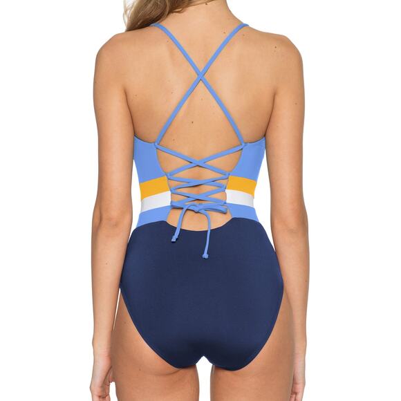 BCA by Rebecca Virtue Palo Alto One Piece Swimsuit Deep Water Blue Yellow White - Picture 6 of 7